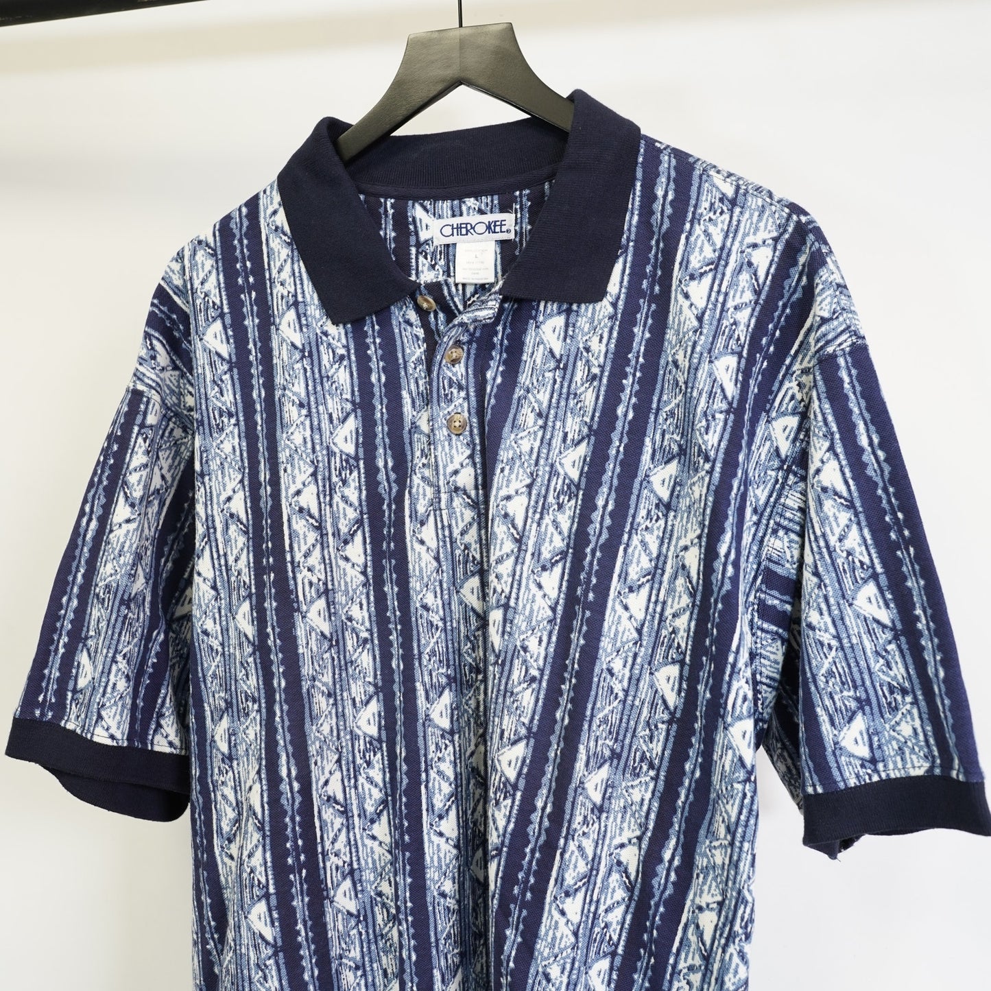 (L) Vintage 90s Cherokee Geometric Print Striped Golf Polo Shirt Men's L Blue Retro