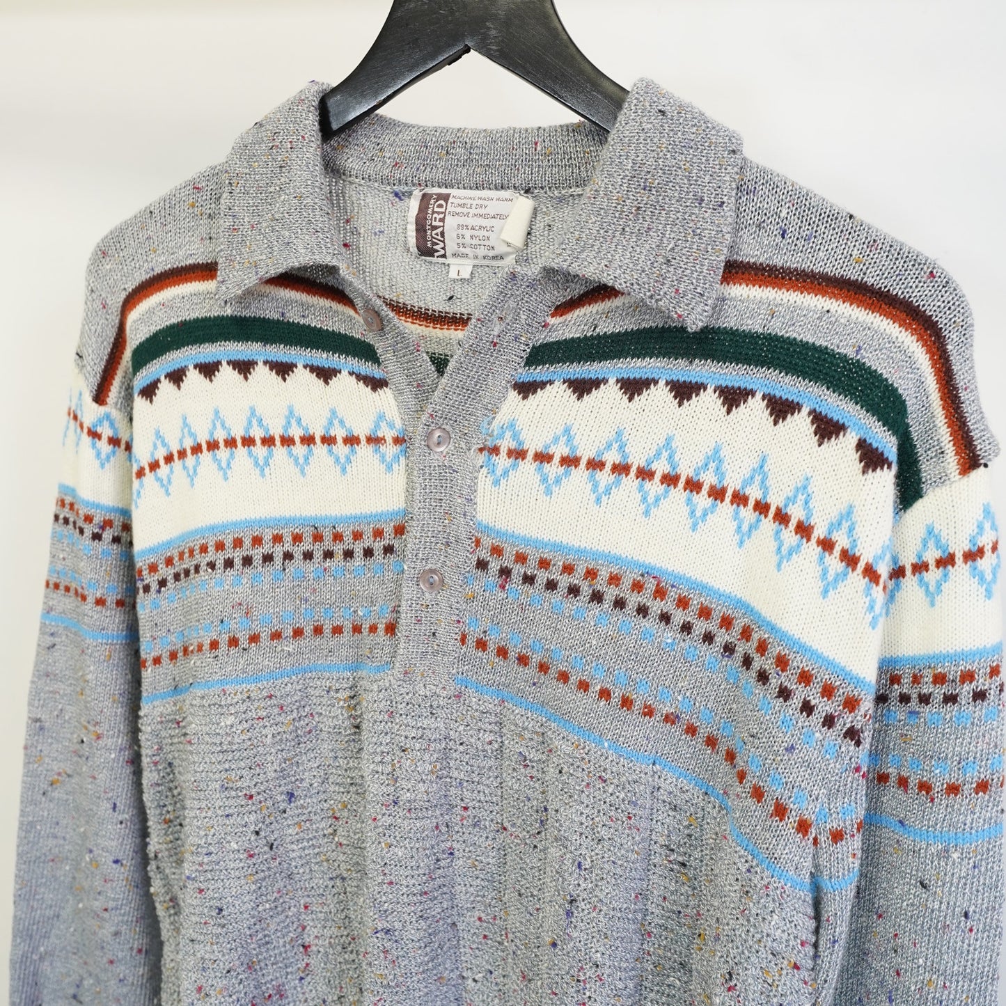 (L) True Vintage Montgomery Ward Knit Pullover Collared Sweater Men's L Gray 70s