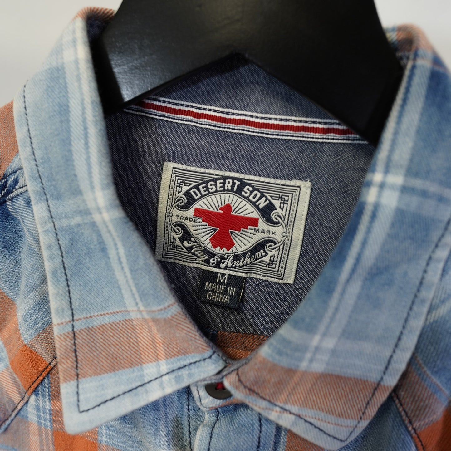 Desert (M) Son Western Pearl Snap Plaid Cowboy Button Up Shirt Men's M Blue Orange