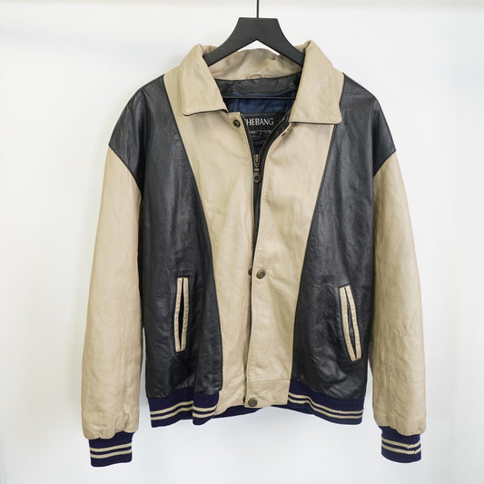 (L) Vintage Shebang Genuine Leather Colorblock Varsity Biker Jacket Mens L Black Tan