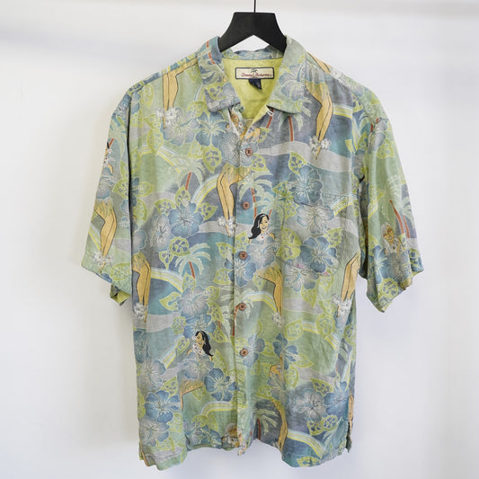 (M) Vintage Tommy Bahama 100% Silk Hawaiian Shirt Men's M Pin Up Girl Green Flowers