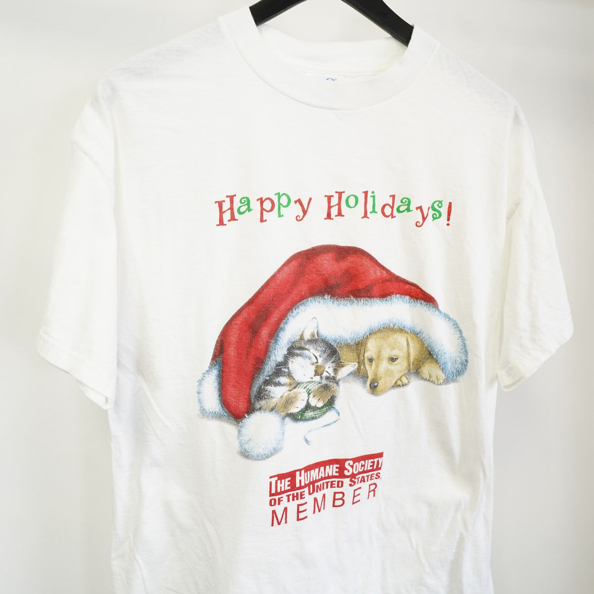 (L) Vintage Christmas Kitty Cat & Puppy Dog Humane Society T-Shirt Unisex L White