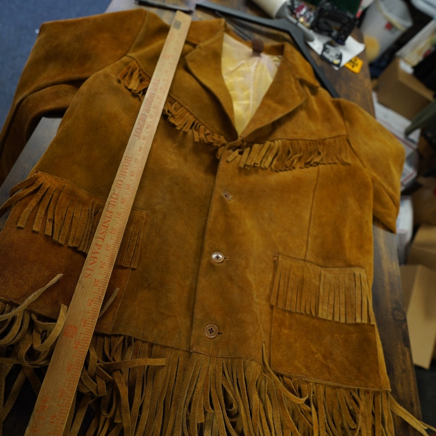(L) Vintage 1960s-70s Cognac Brown Leather Suede Fringe Western Jacket Hippy