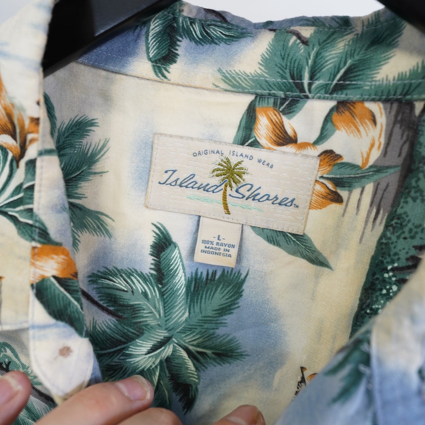 (L) Vintage Island Shores Floral Hawaiian Shirt Men's L Tropical Palm Tree White