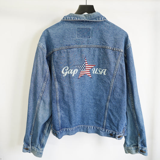 (XL) Vintage Gap USA Denim Jacket 90s Men's XL Stars & Stripes Big Logo Retro Trucker