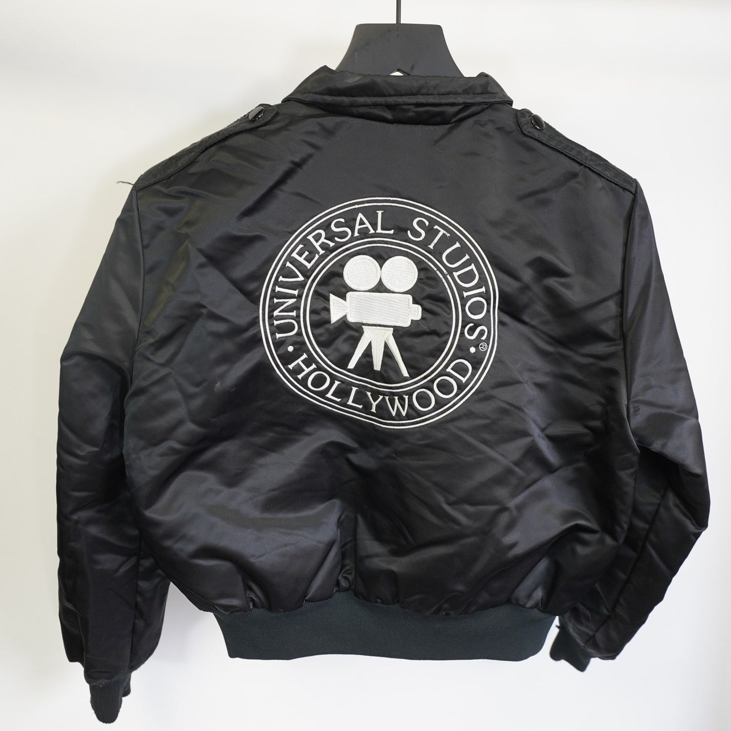 (Youth L) Vintage Universal Studios Hollywood Bomber Jacket Kids Large Black 90s Satin