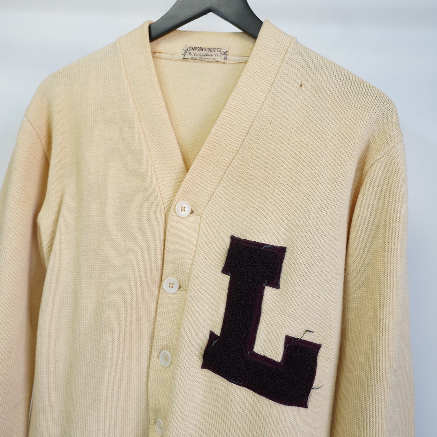 (S) True Vintage 1940s-50s Letterman Knit Wool Cardigan Sweater "L" Men's S Tan
