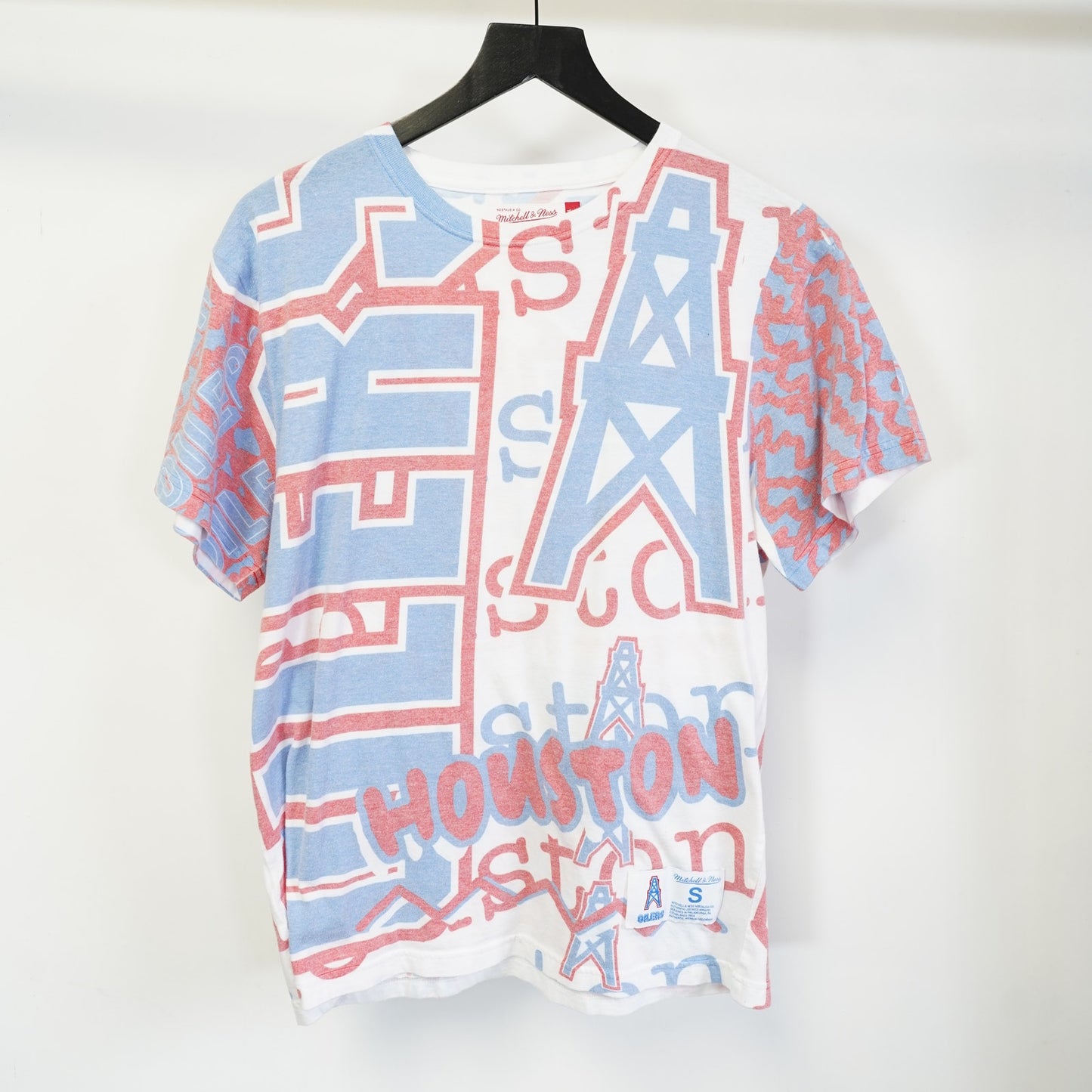 (S) Houston Oilers All Over Print Mitchell & Ness Retro T-Shirt Men's S White Blue