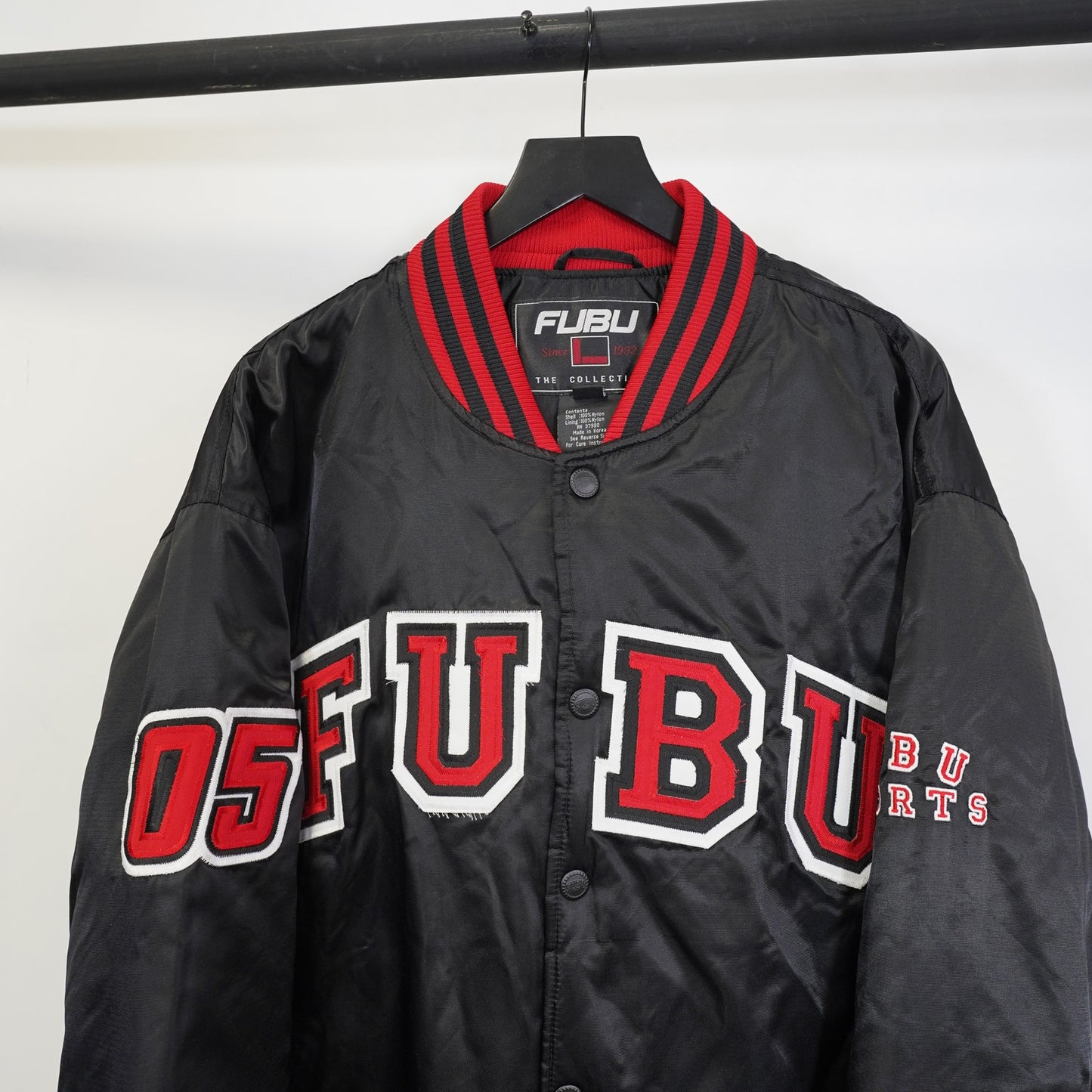 (XL) Vintage Fubu Embroidered Satin Bomber Jacket Men's XL Black Y2K Hip Hop 2000s