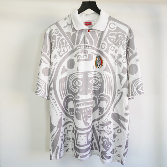 (L/XL) Vintage 1998 Mexico Away Soccer Futbol Jersey 90s Bootleg Aztec Calendar