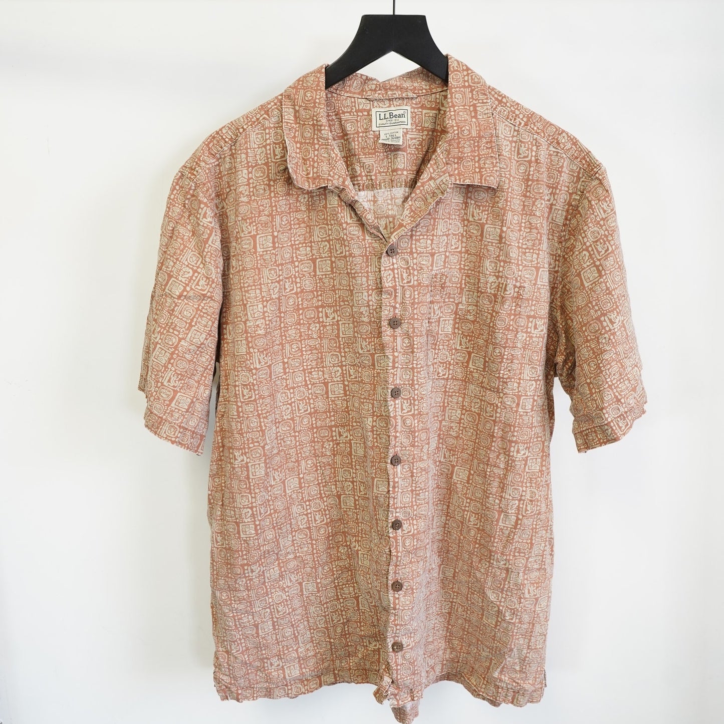 (L) Vintage L.L. Bean Hawaiian Camp Shirt Men's L Tall Orange 90s Retro Hiking