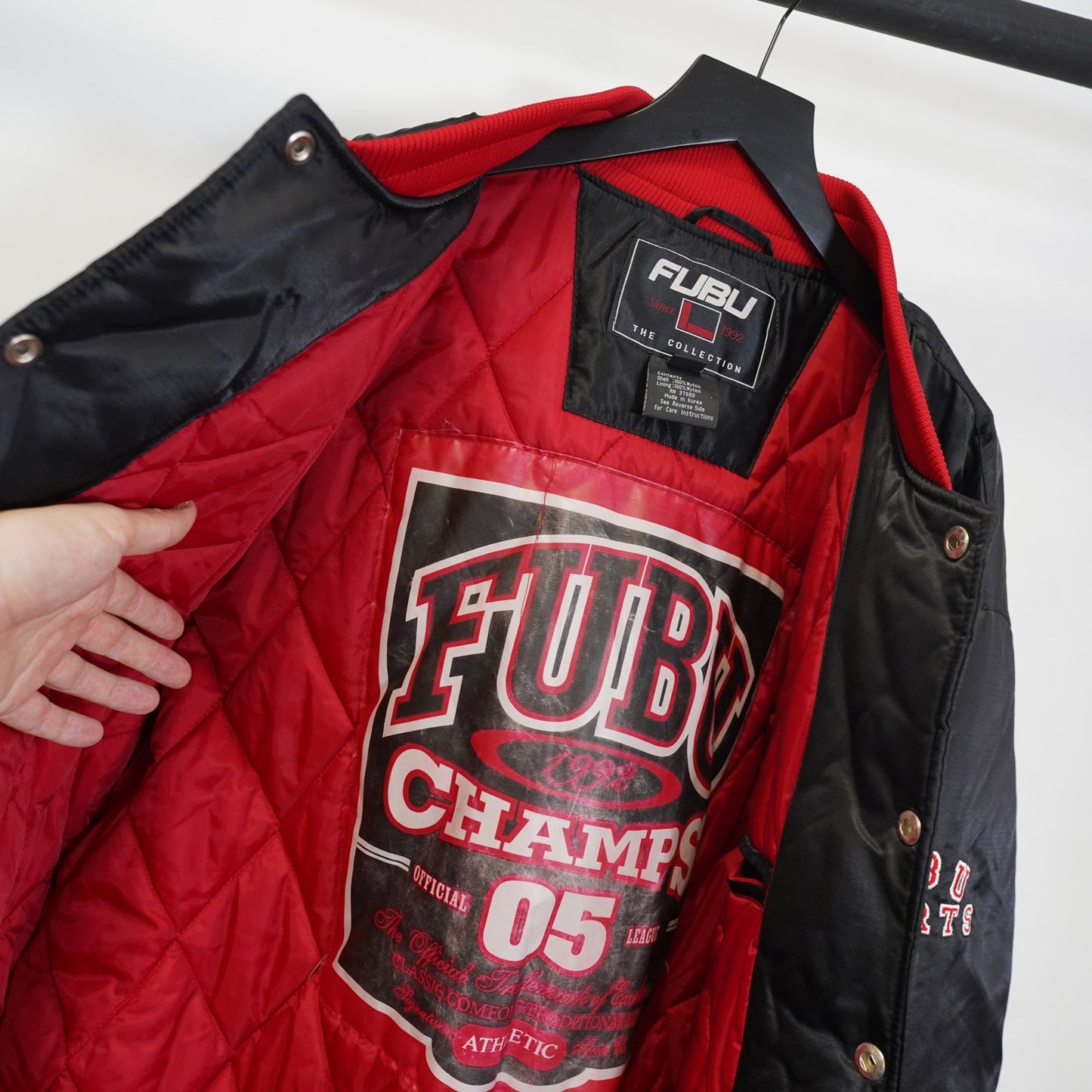 (XL) Vintage Fubu Embroidered Satin Bomber Jacket Men's XL Black Y2K Hip Hop 2000s