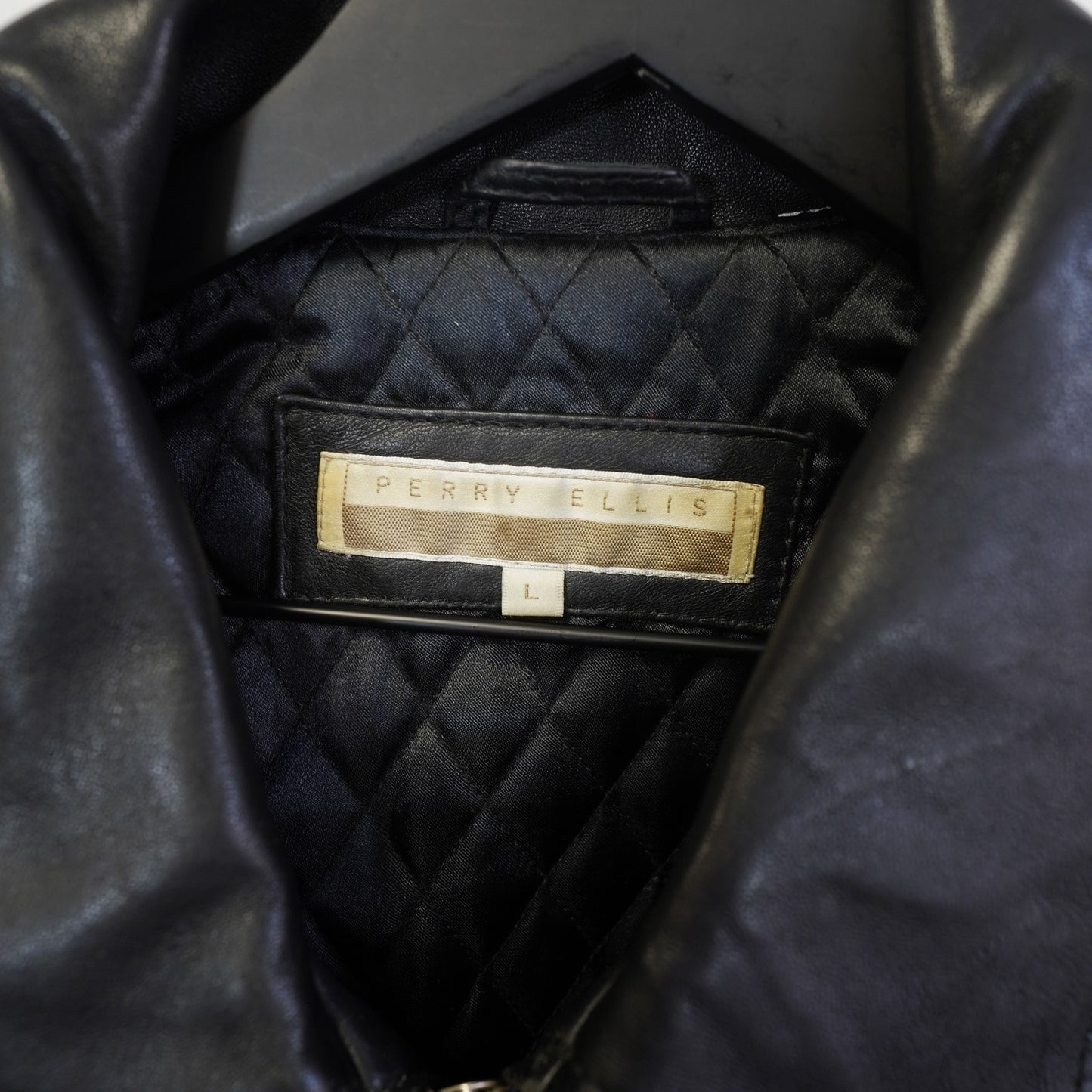 (L) Vintage Perry Ellis Lambskin Leather Black Bomber Jacket Men's L Pilot Retro