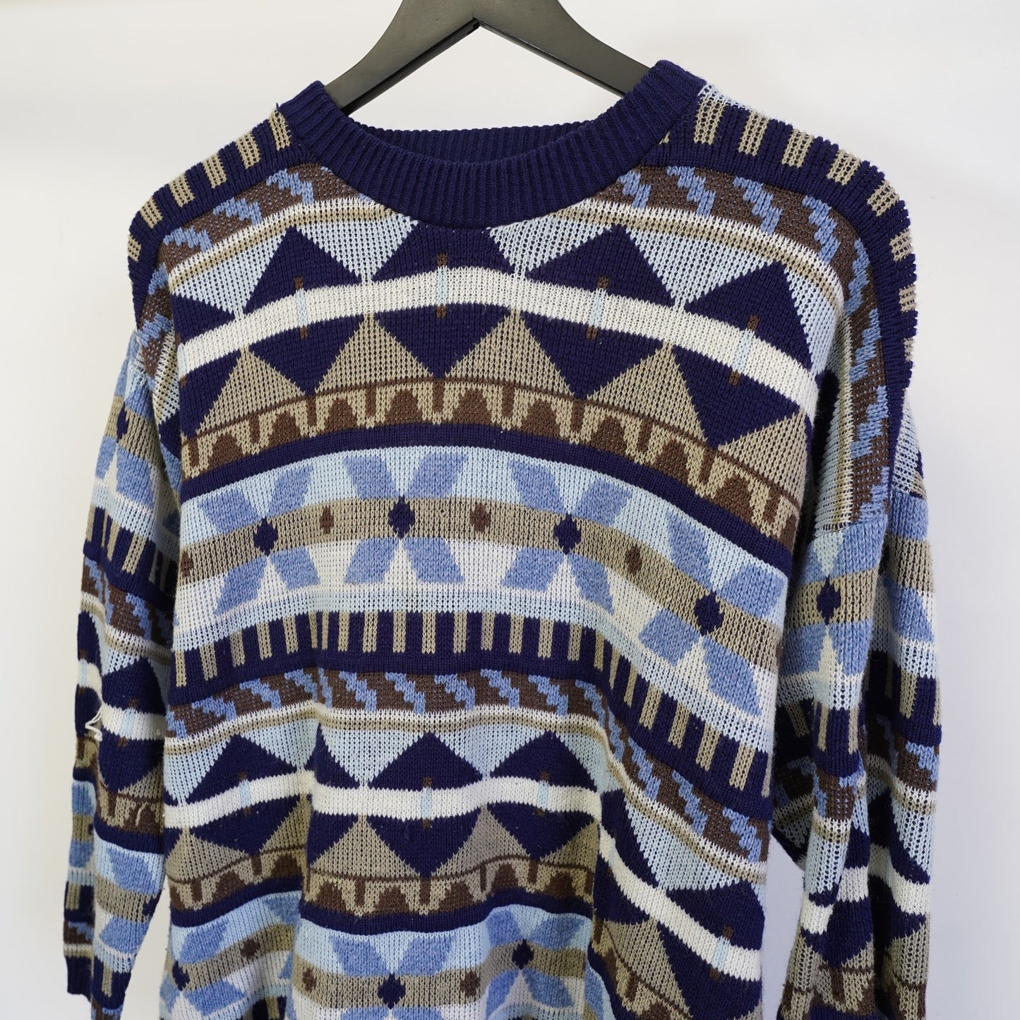 (Women's L) Vintage Kimberly Hunter Collection Geometric Crewneck Knit Sweater Womens L Blue
