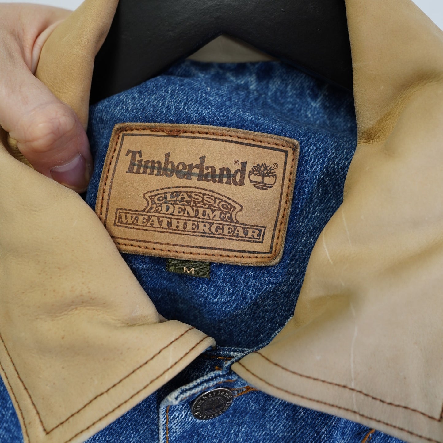 Men's M Vintage 90s Timberland Trucker Weathergear Classic Denim Jacket Leather Collar