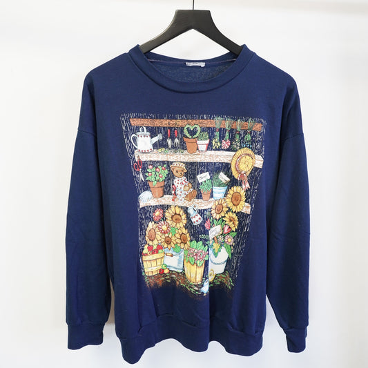 (Women's XL) Vintage Teddy Bear Floral Granny Core Sweatshirt Women's XL Blue 90s Garden
