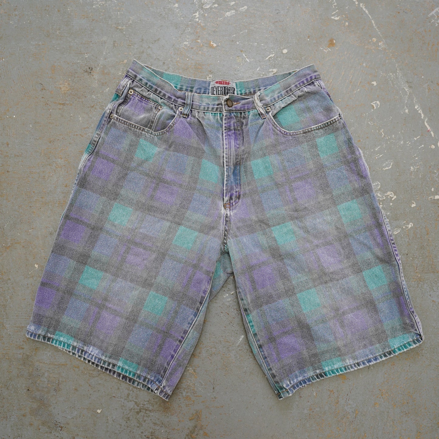 (Men's 36) Vintage 90s Plaid Skater Grunge Baggy Shorts Men's 36 Aqua Purple Retro Surf