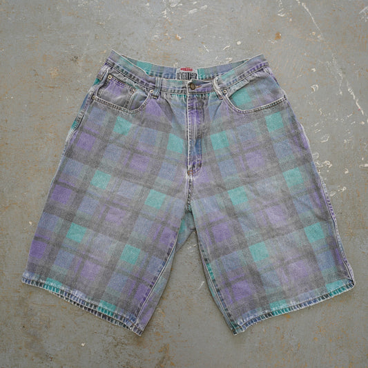 (Men's 36) Vintage 90s Plaid Skater Grunge Baggy Shorts Men's 36 Aqua Purple Retro Surf