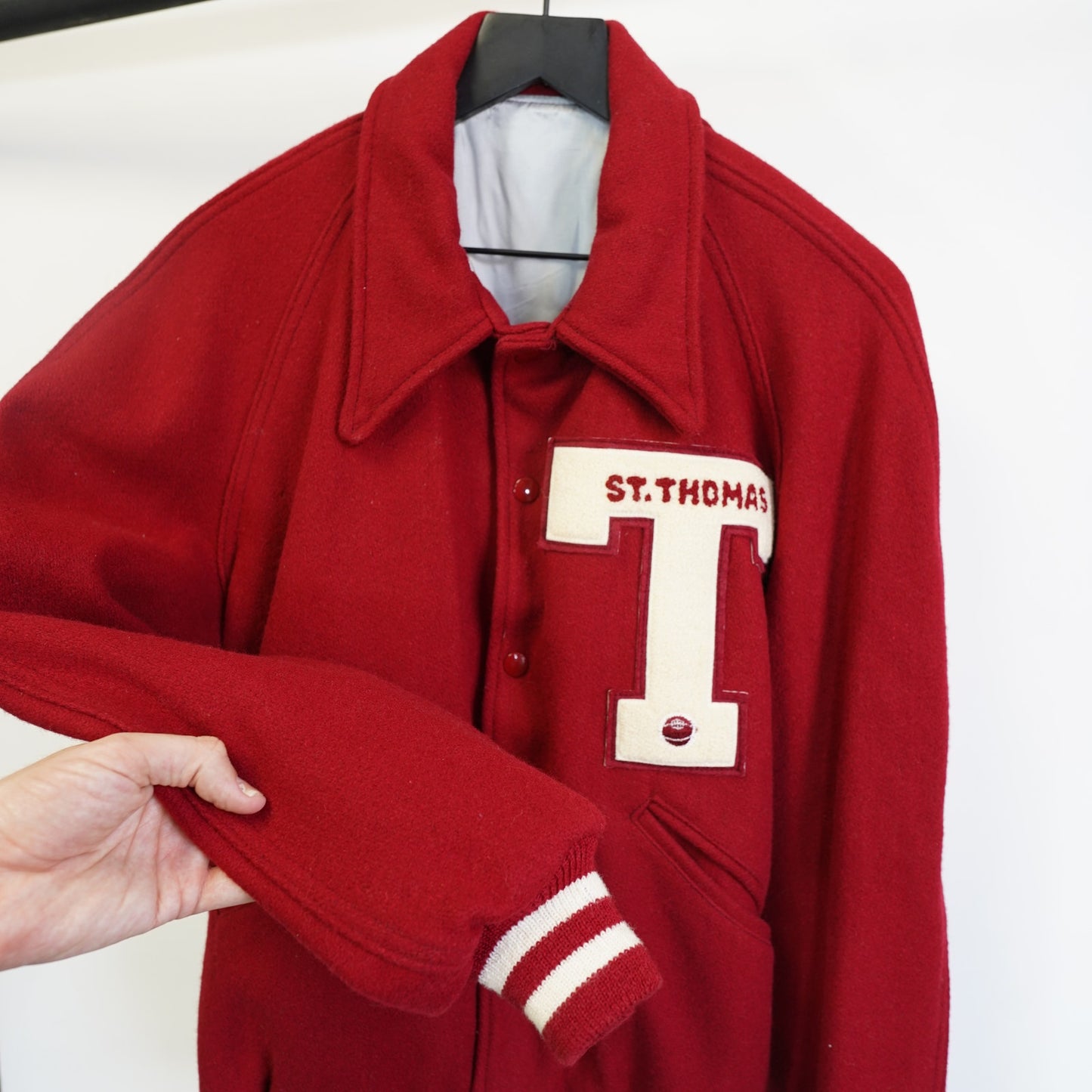(L) Vintage St. Thomas Letterman Varsity Jacket Men's L Red Wool Bomber Made in USA