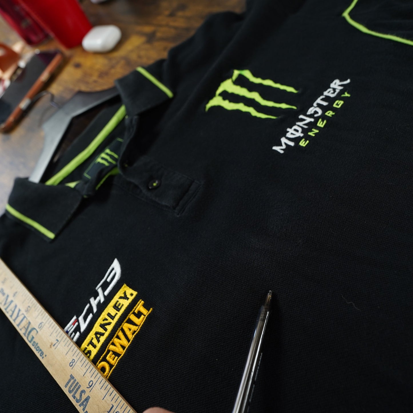 (XL) Vintage Monster Energy Y2k Tech3 Team Polo Shirt Embroidered Men's XL Black 2000