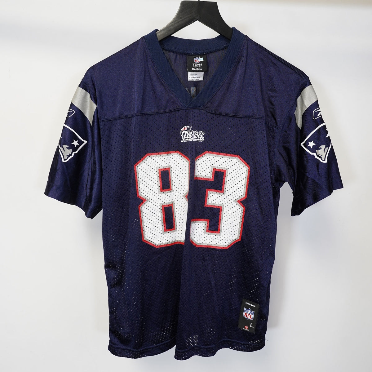 (Boys L) Vintage New England Patriots Wes Welker Football Jersey Reebok Boys L 14-16 Blue