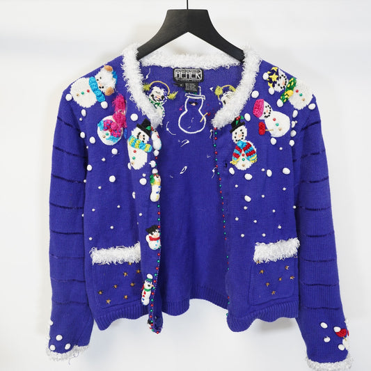 (M) Vintage Crazy Christmas Sweater Knit Cardigan Women's M Snowman Frosty Blue Xmas