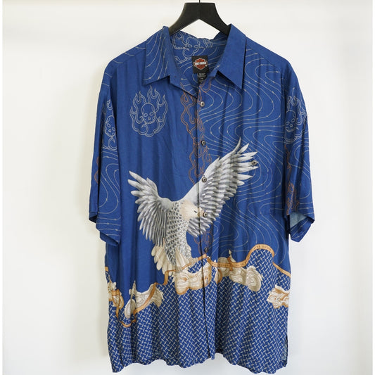 (XXL) Vintage Harley Davidson Screamin Eagle Hawaiian Shirt Men's XXL Blue Motorcycle
