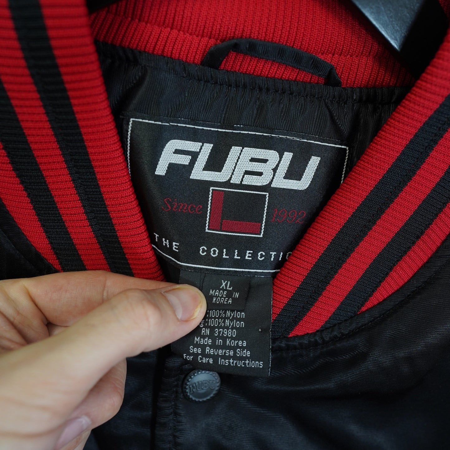 (XL) Vintage Fubu Embroidered Satin Bomber Jacket Men's XL Black Y2K Hip Hop 2000s