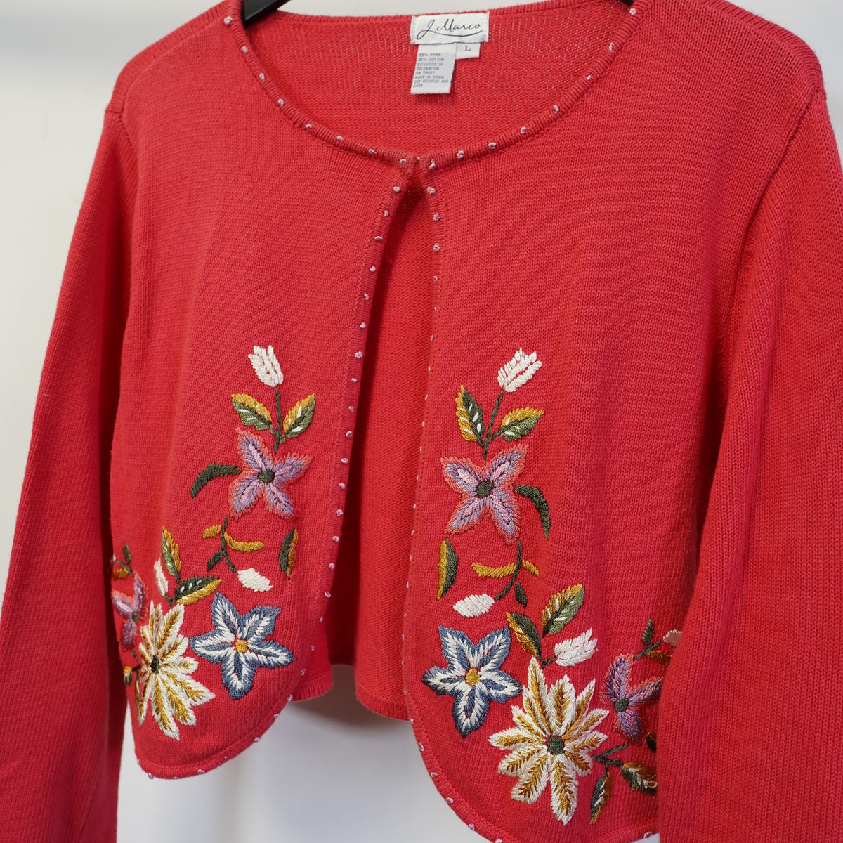(Women's L) J. Marco Cropped Floral Cardigan Embroidered Sweater Boho Women's L Cottage Red