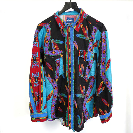 (XL) Vintage Wrangler All Over Print 90s Western Button Up Men's XL Multicolor Indian