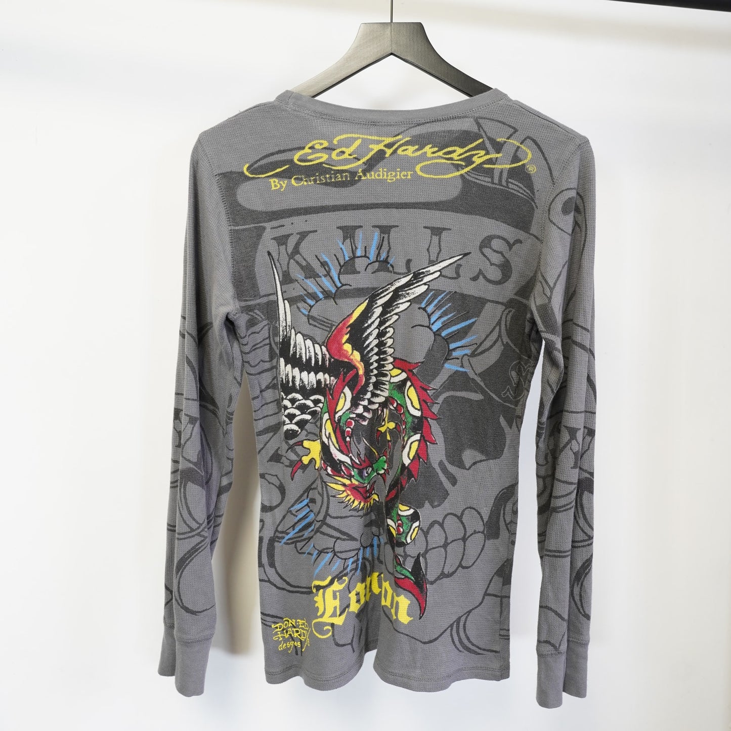 (Women's M) Vintage Ed Hardy Y2K Eagle Dragon Thermal Long Sleeve T-Shirt Emo 2000