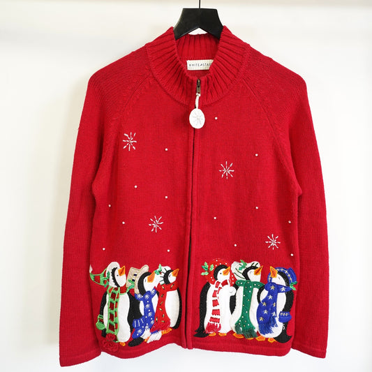 (Women's M) Vintage Christmas Holiday Sweater Full Zip Cardigan Women's M Penguins Red