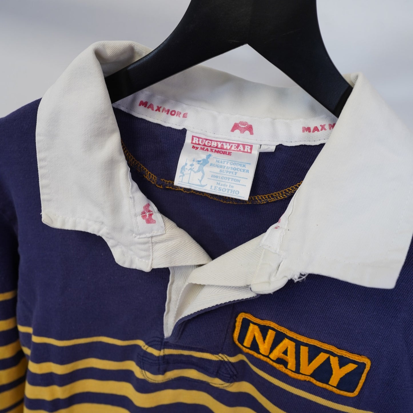 (L) Vintage U.S. Navy Striped Rugby Polo Men's L Sz 44 Yellow Blue Longsleeve Retro
