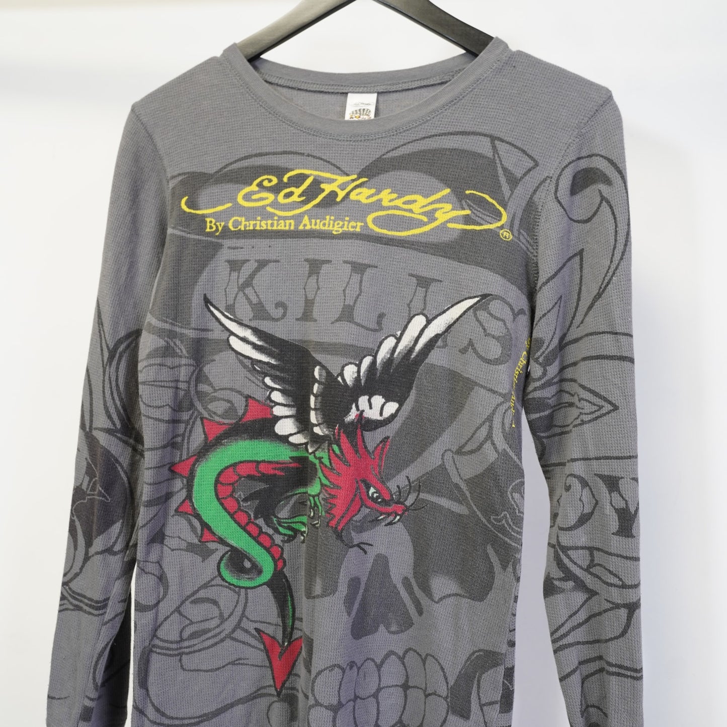 (Women's M) Vintage Ed Hardy Y2K Eagle Dragon Thermal Long Sleeve T-Shirt Emo 2000