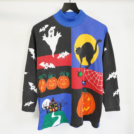 (Women's M) Vintage 90s Halloween Spooky Sweater Women's M Bats Cats Ghosts Pumpkins Spumoni