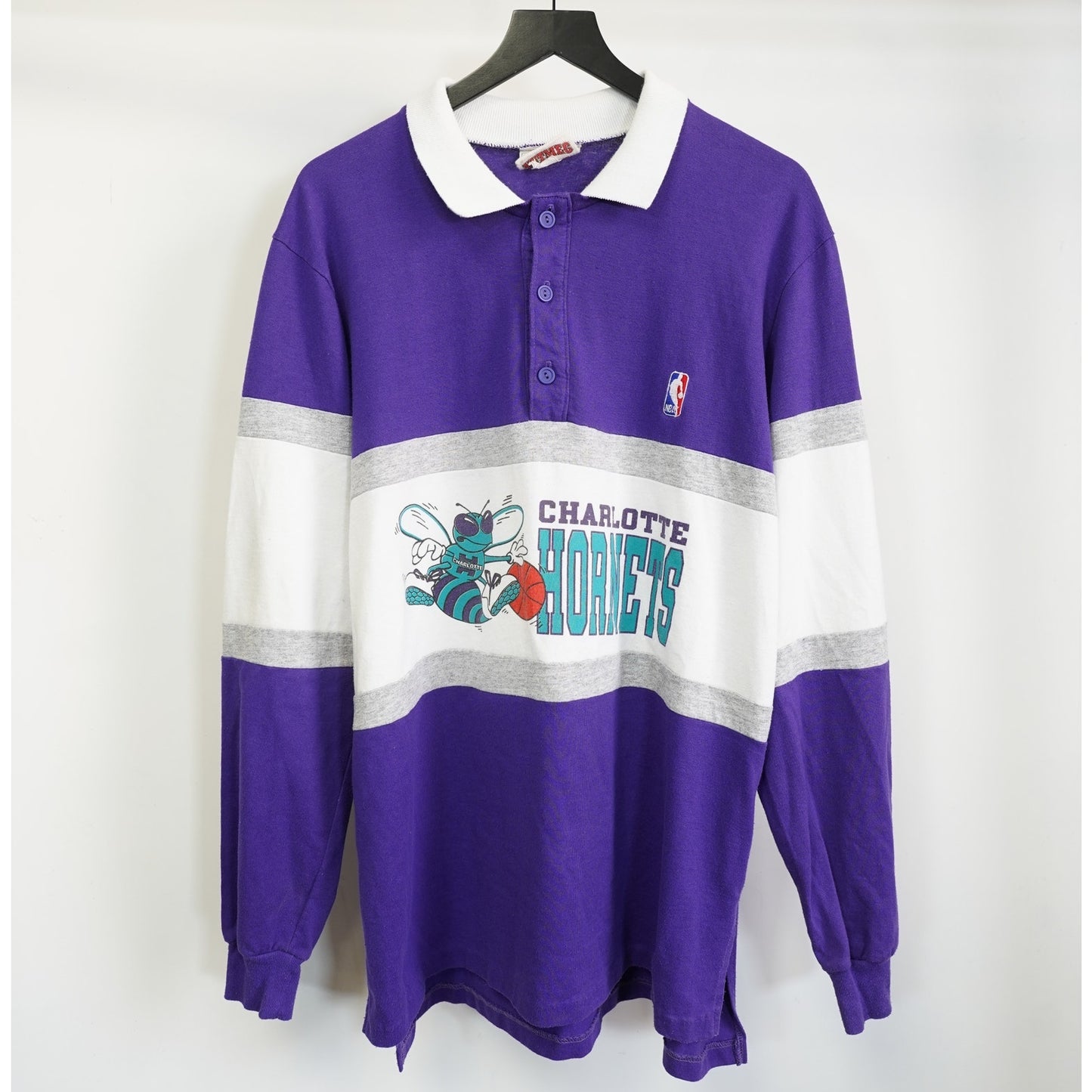 (L) Vintage Nutmeg Mills Charlotte Hornets Rugby Polo Shirt Men's L 90s Sweatshirt