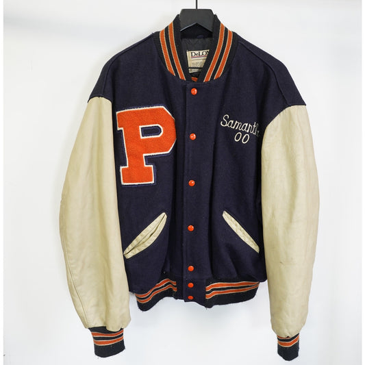 (XL) Vintage Delong Leather Varsity Jacket Unisex Size XL Navy Cream Catholic