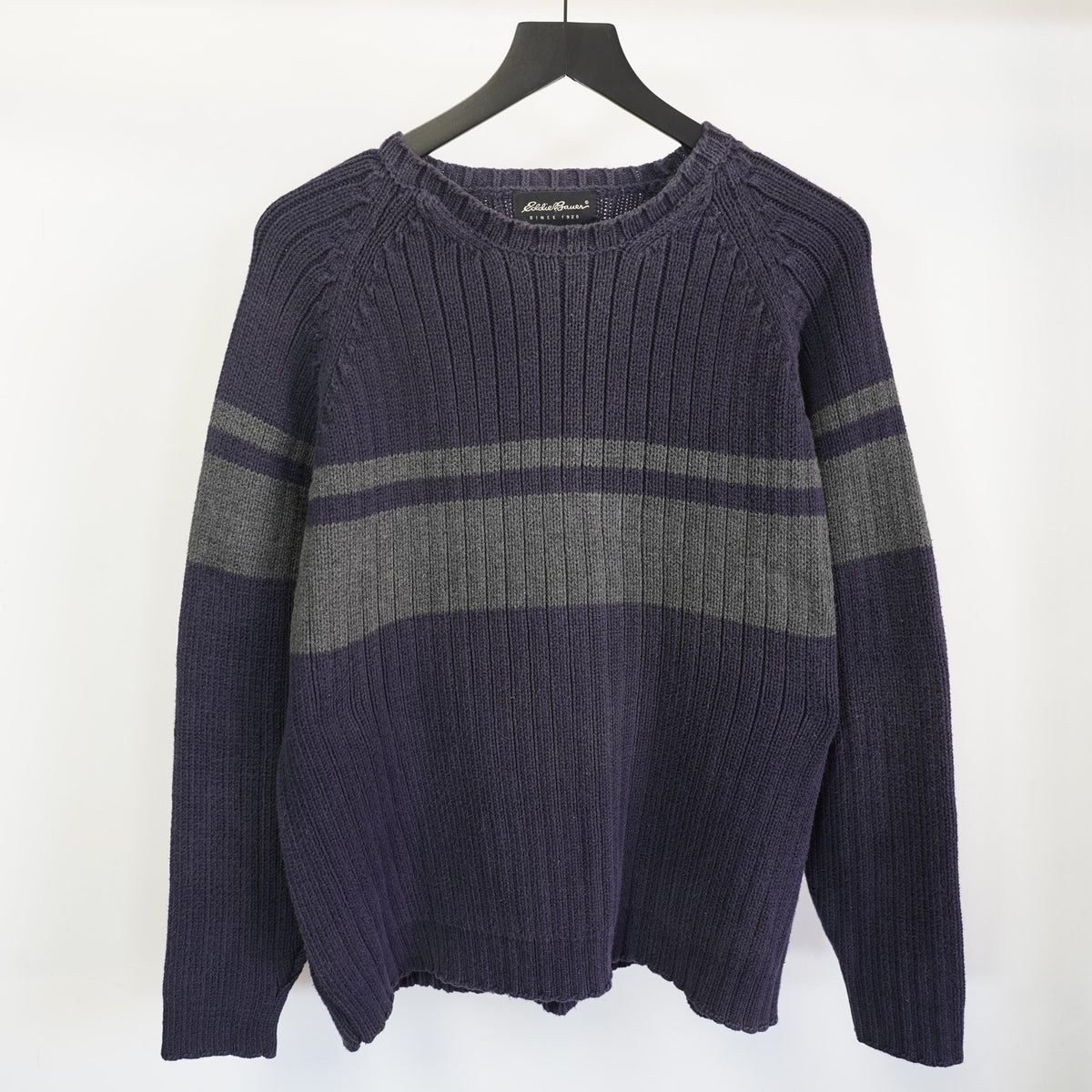 (M) Vintage Eddie Bauer Utility Y2K Striped Knit Sweater Mens M Navy Blue Gray 2000