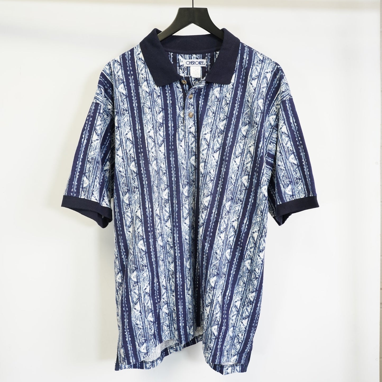 (L) Vintage 90s Cherokee Geometric Print Striped Golf Polo Shirt Men's L Blue Retro