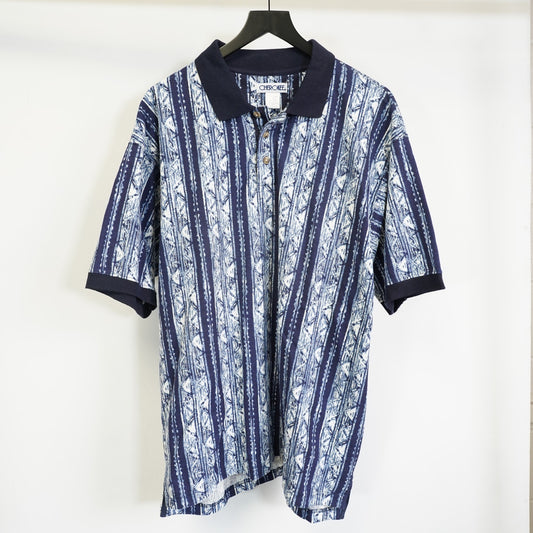 (L) Vintage 90s Cherokee Geometric Print Striped Golf Polo Shirt Men's L Blue Retro