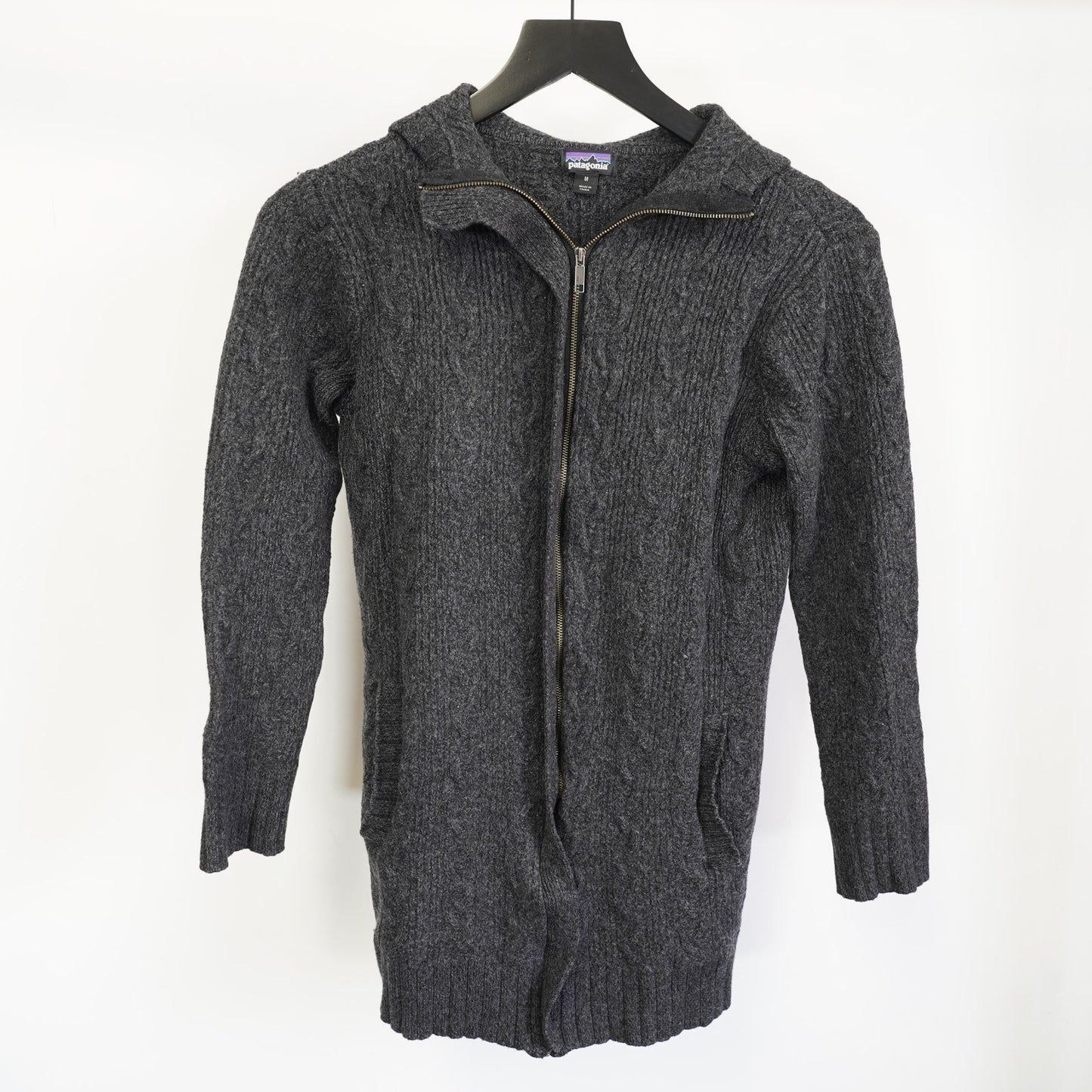(Women's M) Patagonia Women's Merino Wool Cable-Knit Full-Zip Hooded Coat Sz M Gray Cottage