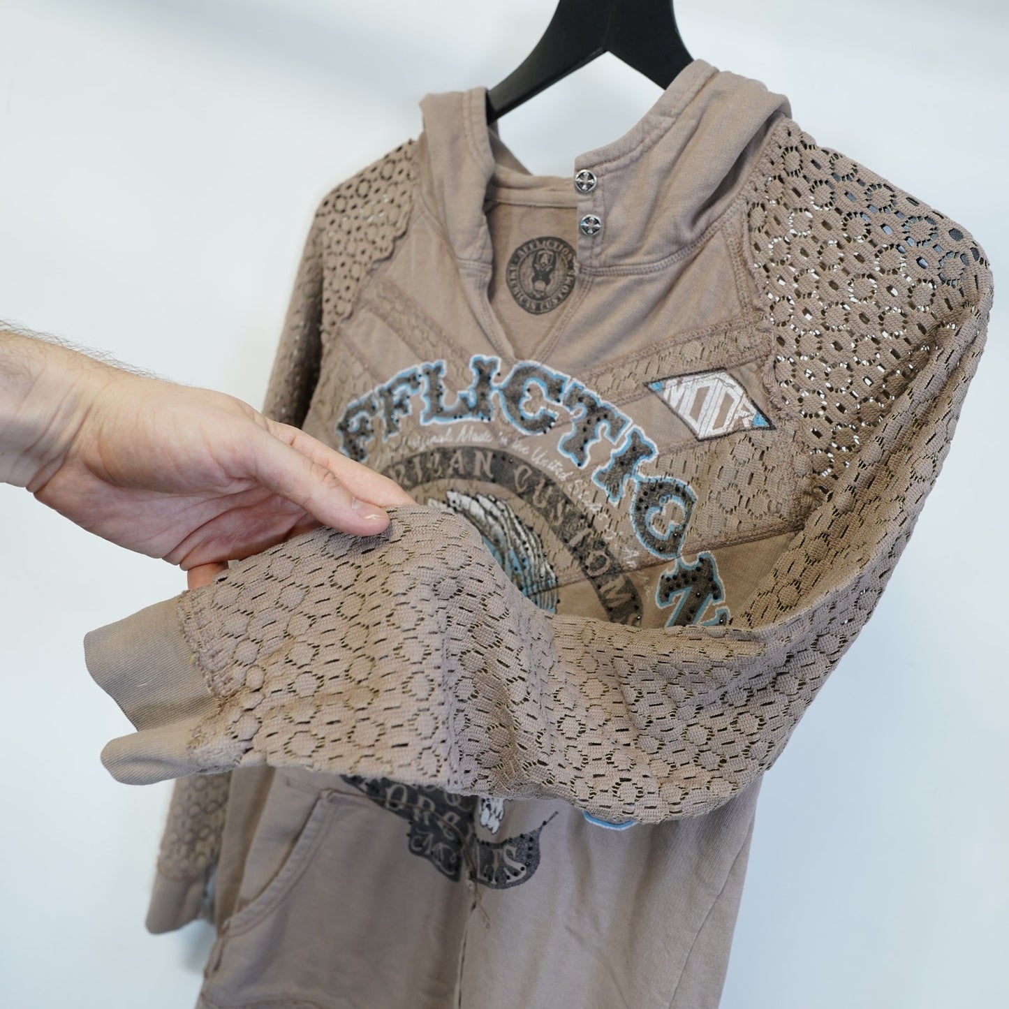 (Women's L ) Sinful Affliction Hoodie Lace Sleeves Made USA Skull Biker Y2K Tan