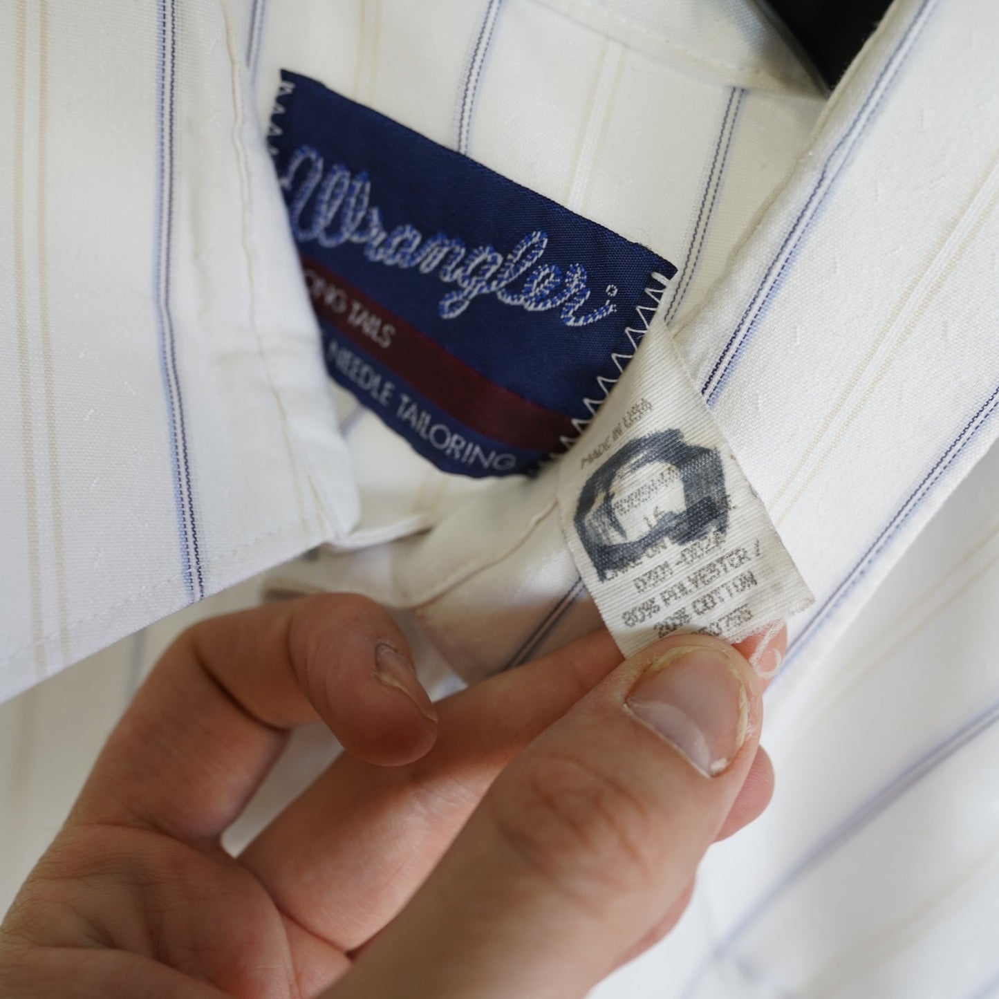 (XL) Vintage Wrangler Western Pearl Snap Button Up Striped Men's XL White X-Long Tail