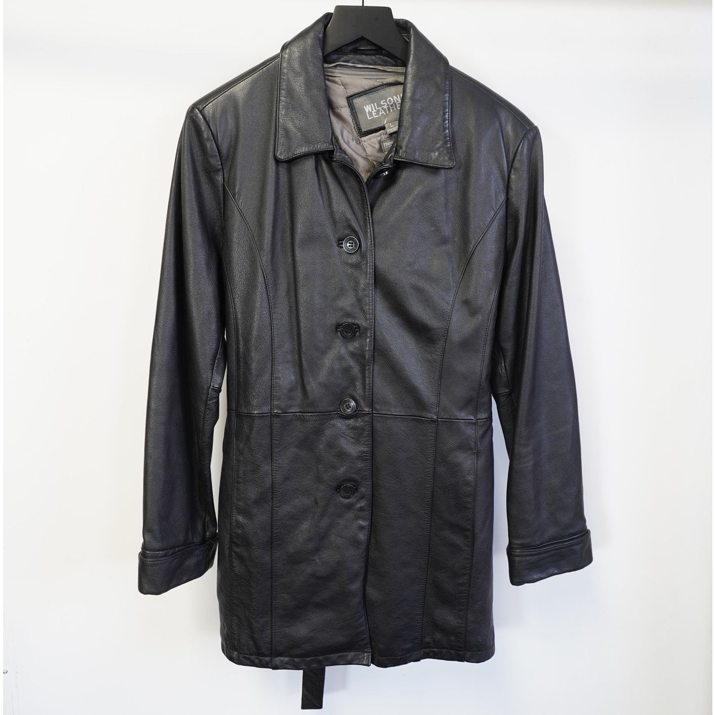 (Women's L) Vintage Wilson's Leather Button Up Jacket Belted Women's L Black Coat 90s