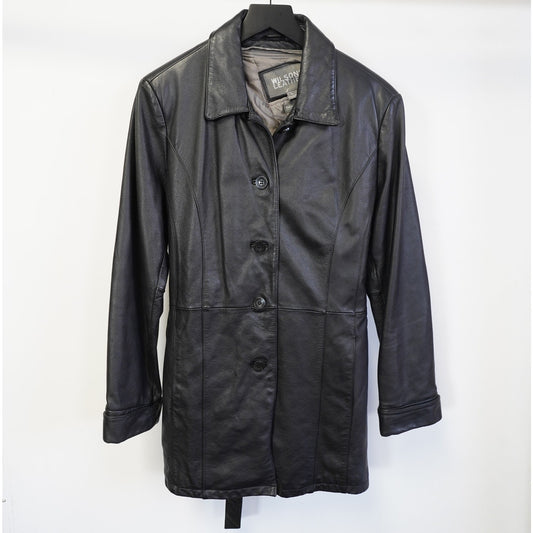 (Women's L) Vintage Wilson's Leather Button Up Jacket Belted Women's L Black Coat 90s