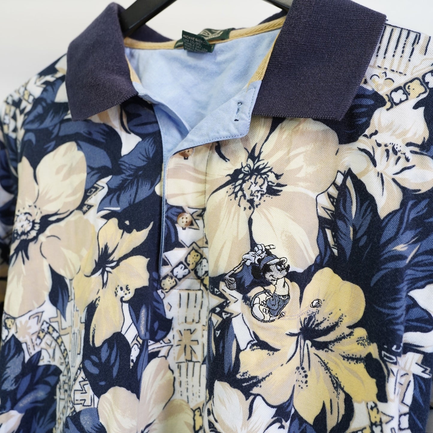 (XL) Vintage Mickey Mouse Disney Golf Collection Hawaiian Polo Shirt Men's XL Blue