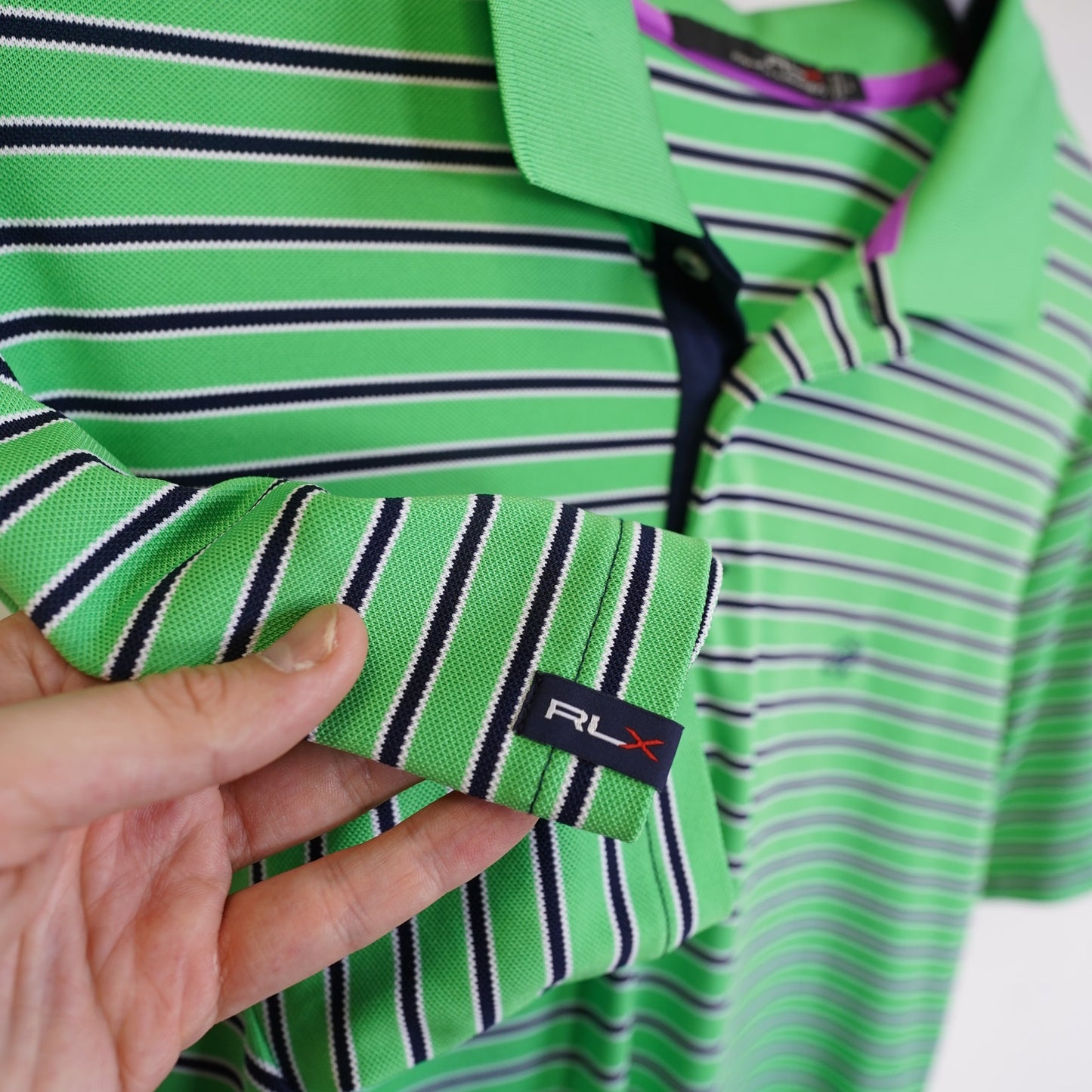 (L) Ralph Lauren RLX Striped Golf Polo Shirt Men's L Stitched H Green Navy Blue
