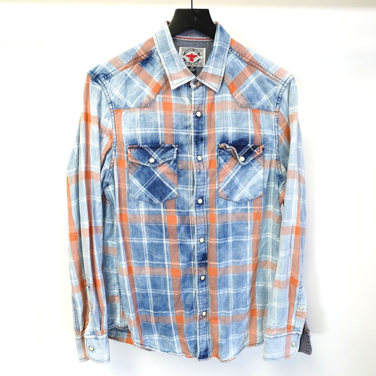 Desert (M) Son Western Pearl Snap Plaid Cowboy Button Up Shirt Men's M Blue Orange