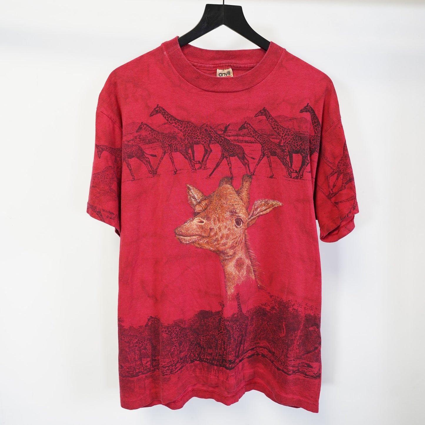(L) Vintage 90s Giraffe Nature All Over Print Safari T-Shirt Men's L Red Africa