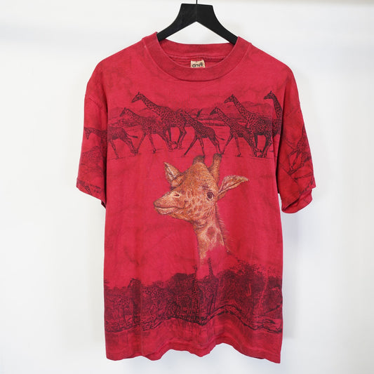 (L) Vintage 90s Giraffe Nature All Over Print Safari T-Shirt Men's L Red Africa